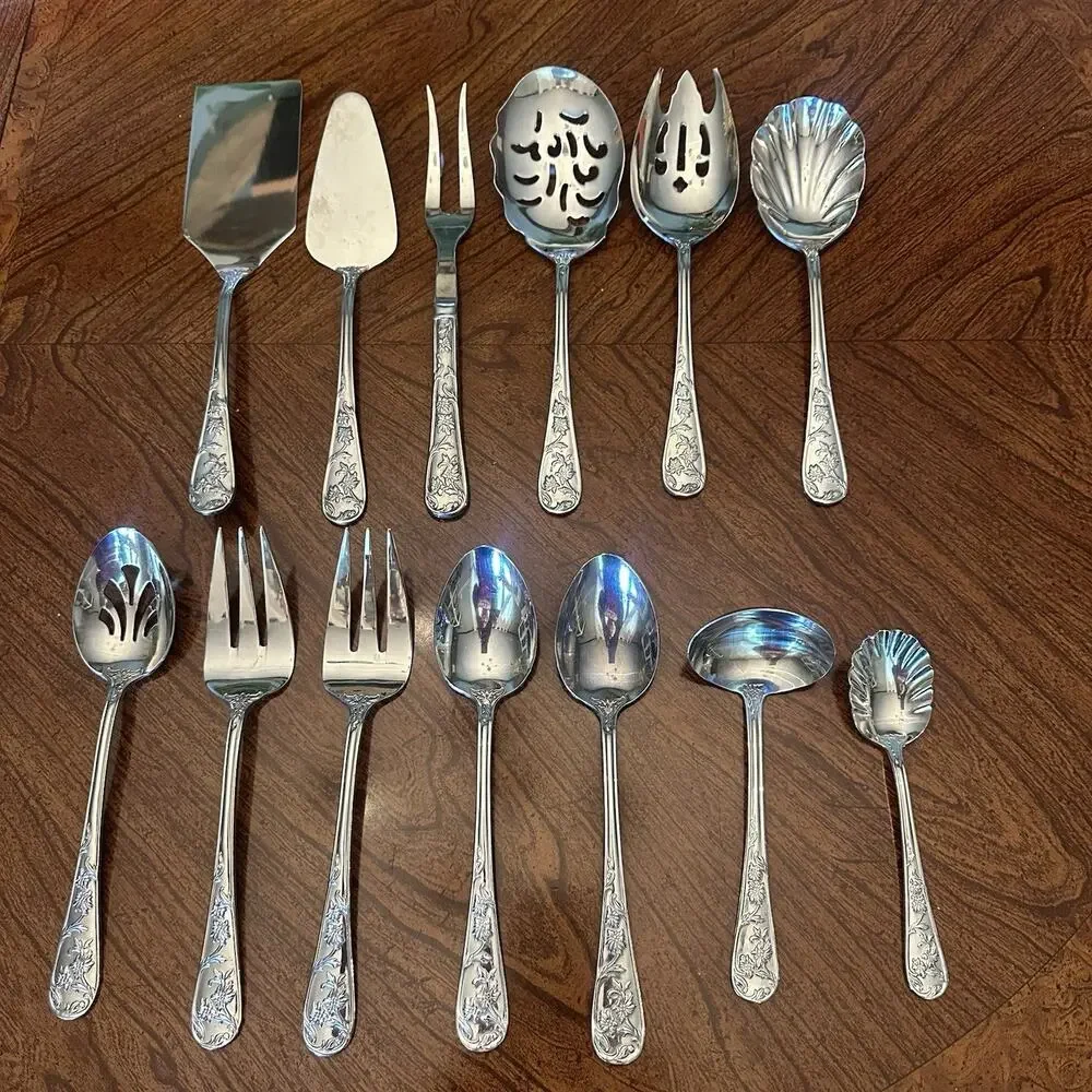 Reed Barton Flatware Queens Garden Floral Embossed Stainless 13 Pc Serving Set